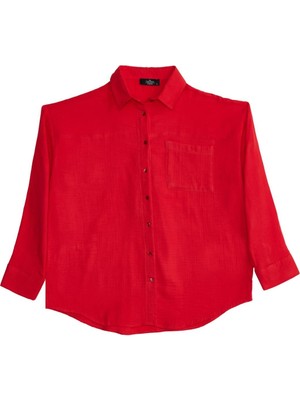 Tudors Kadın Oversize Geniş Kesim %100 Pamuk Müslin Kumaş Uzun Kollu Cepli Dokulu Nar Rengi Gömlek