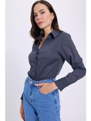 Tudors Kadın Slim Fit Dar Kesim Klasik Yaka Uzun Kollu Antrasit Gömlek