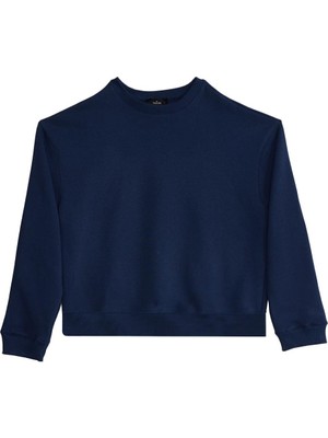 Tudors Kadın Oversize Geniş Kesim Pamuklu Bisiklet Yaka Lacivert Sweatshirt