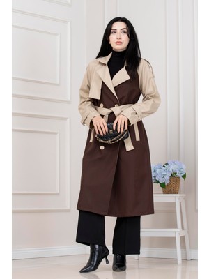 Sevitli Iki Renk Cepken Detaylı Trençkot-Kahverengi