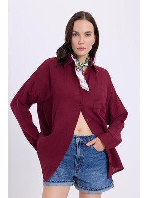 Tudors Kadın Oversize Geniş Kesim %100 Pamuk Müslin Kumaş Uzun Kollu Cepli Dokulu Bordo Gömlek