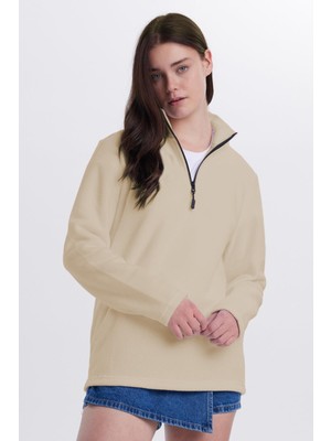 Tudors Kadın Standart Fit Anti-Pilling Tüylenme Yapmayan Soğuk Geçirmez Açık Bej Bato Yaka Polar Sweatshirt