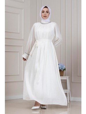 Sevitli Simli Taşlı Abiye Elbise-Beyaz