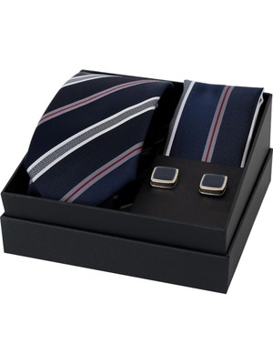 Esgue 8 cm Hand Made Lacivert Çizgili Kravat Mendil & Lacivert Kare Kol Düğmesi Hediye Seti HSET:102