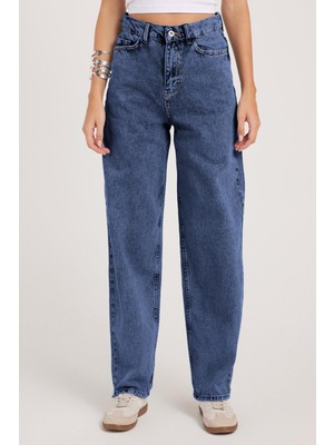 Tudors Kadın Regular Fit Klasik Kesim Baggy Pamuklu Geniş Paça Mavi Jean Pantolon