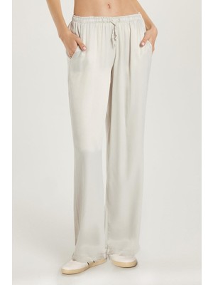 Tudors Kadın Regular Fit Beli Lastikli Bağlamalı Saten Palazzo Geniş Paça Gri Pantolon