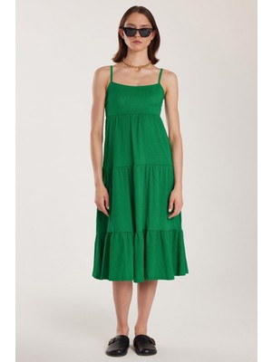 Tudors Kadın Slim Fit Dar Kesim Ince Askılı U Yaka Midi Yeşil Elbise