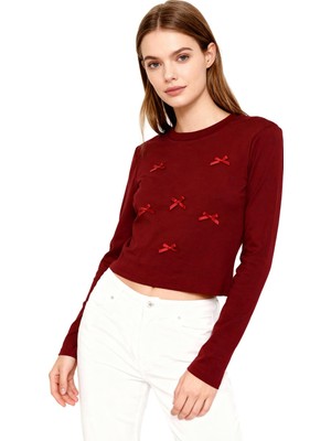 Rays Bordo Bisiklet Yaka Kurdele Aplike Detaylı Kadın Crop Body 8264A