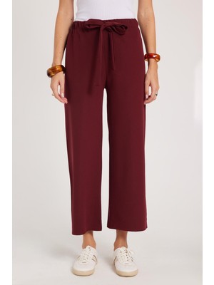 Tudors Kadın Relax Fit Rahat Kesim Lastikli Kuşak Bağlamalı Geniş Paça Bordo Pantolon