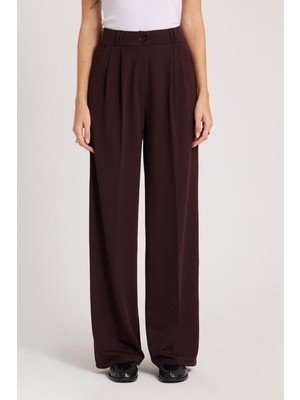 Tudors Kadın Regular Fit Klasik Kesim Yüksel Bel Geniş Paça Kahverengi Pantolon