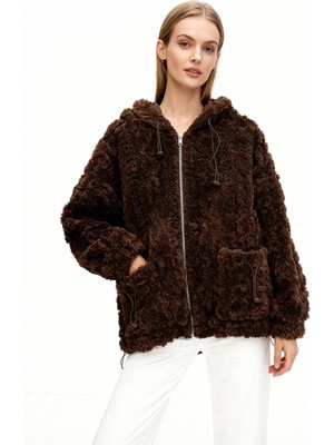 Rays Kahverengi Fermuarlı Cepli Kapüşonlu Peluş Kadın Hırka Ceket 5061