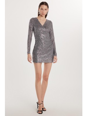 Tudors Kadın Slim Fit Dar Kesim Uzun Kol Gri V Yaka Mini Boy Elbise