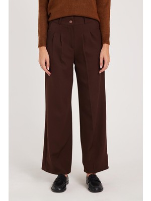 Tudors Kadın Regular Fit Klasik Kesim Yüksel Bel Geniş Paça Kahverengi Pantolon