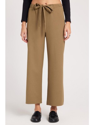 Tudors Kadın Relax Fit Rahat Kesim Lastikli Kuşak Bağlamalı Geniş Paça Haki Pantolon