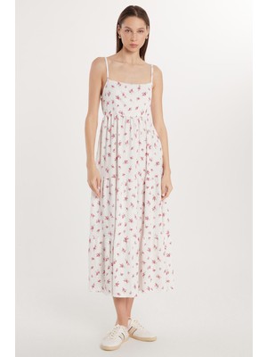 Tudors Kadın Regular Fit Ince Askılı Kare Yaka Bağlama Detaylı Baskılı Elbise