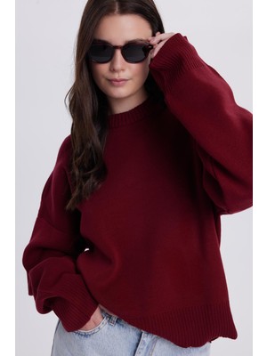 Tudors Kadın Oversize Geniş Kesim Bisiklet Yaka Bordo Kazak