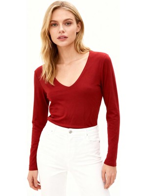 Rays Bordo Fitilli V Yaka Uzun Kollu Kadın Body 8266A