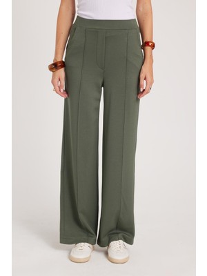 Tudors Kadın Relax Fit Rahat Kesim Modal Kumaş Yüksel Bel Geniş Paça Haki Pantolon