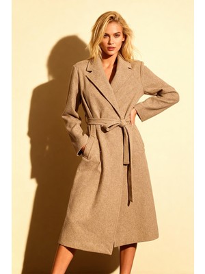 Rays Camel Kuşaklı Uzun Astarlı Şal Yaka Kadın Kaban 7242A