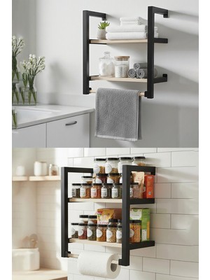 Decorelax Banyo ve Mutfak Için 2 Raflı Askılı Doğal Ahşap Siyah Metal Havluluk Duvar Rafı