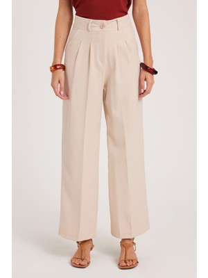 Tudors Kadın Regular Fit Klasik Kesim Yüksel Bel Geniş Paça Bej Pantolon