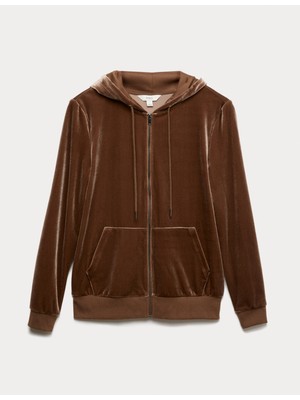 Marks & Spencer Kadife Kapüşonlu Fermuarlı Hırka