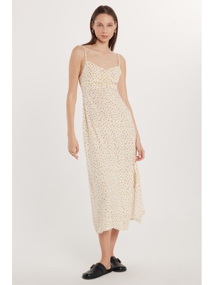 Tudors Kadın Slim Fit Dar Kesim Ince Askılı V Yaka Baskılı Viskon Ekru Elbise