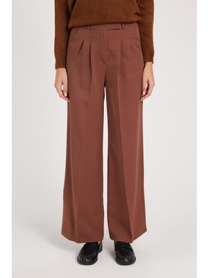 Tudors Kadın Regular Fit Klasik Kesim Cırt Kapamalı Palazzo Kahverengi Pantolon