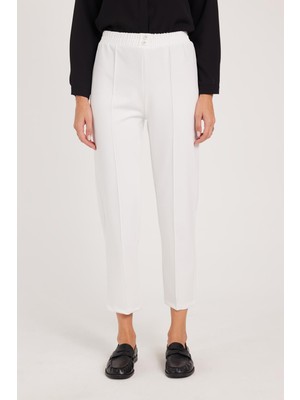 Tudors Kadın Relax Fit Rahat Kesim Yüksel Bel Düz Paça Beli Lastikli Beyaz Pantolon