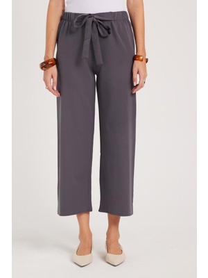 Tudors Kadın Relax Fit Rahat Kesim Lastikli Kuşak Bağlamalı Geniş Paça Antrasit Pantolon