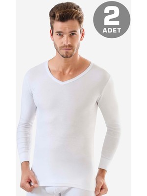 Arma Yıldız Erkek Beyaz V Yaka Uzun Kollu Fanila Badi %100 Pamuk Ribana 2'li Paket