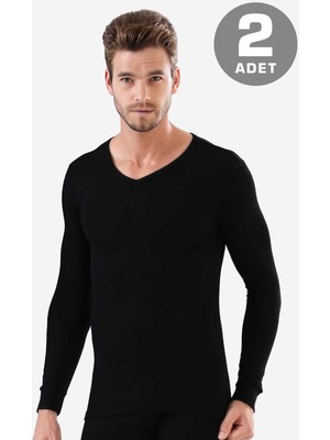 Arma Yıldız Erkek Siyah V Yaka Uzun Kollu Fanila Badi %100 Pamuk Ribana 2'li Paket