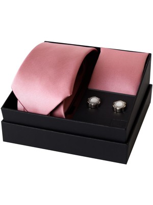 Esgue 8 cm Hand Made Pembe Saten Kravat Mendil & Kol Düğmesi Hediye Seti HSET:111