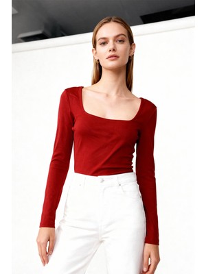 Rays Bordo Kare Yaka Uzun Kollu Fitilli Kadın Body 8267A