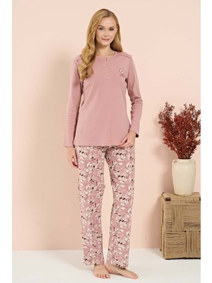 Remsa Kadın Penye Uzun Kol Pijama Takımı 3209 Gül Kurusu