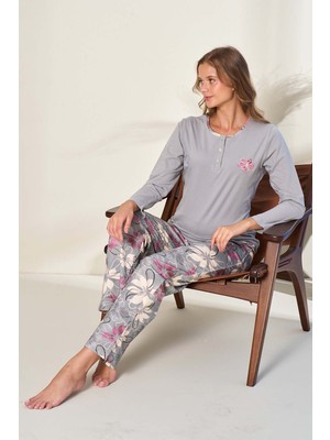 Remsa Büyük Beden Suprem Kadın Penye Uzun Kol Pijama Takımı 3134 GRI02
