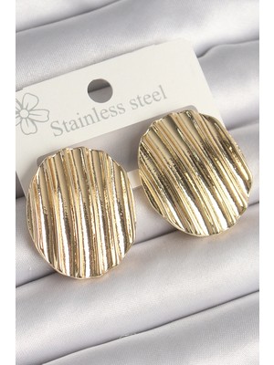 Pirinç Renk Işlemeli Daire Plaka Kadın Küpe