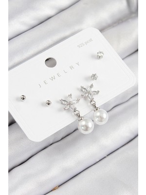 Pirinç Zirkon Taşlı Inci Sallantılı Çiçek Gümüş Renk 925 Ayar Gümüş Çivi Kadın Küpe Set