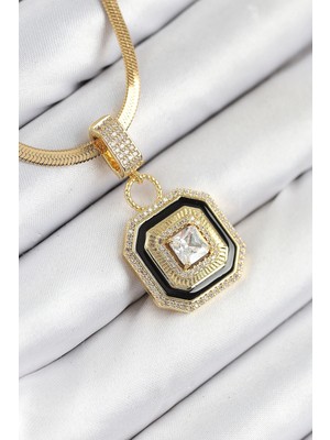 316L Çelik Zirkon Taşlı Siyah Detaylı Baget Renk Kadın Kolye