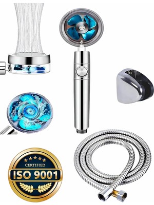 Storemax Turbo Pervaneli Duş Başlığı Yüksek Basınçlı Fıskiye Batarya Start/stop Düğmeli Duş Hortumu 150 cm ve Mafsal Set Duş Başlığı Seti