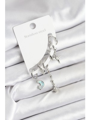 Pirinç Gümüş Renk Ay Kadın Set Küpe