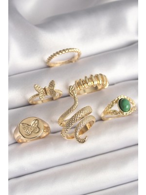 Pirinç Renk Işlemeli Yılan Detay 6'lı Kadın Yüzük Seti