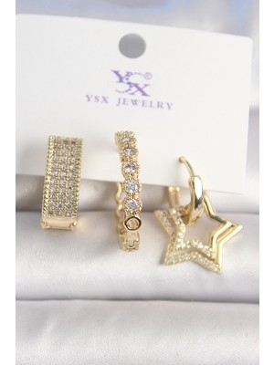 Pirinç Renk Zirkon Taşlı Yıldız Figür Halka 3'lü Kadın Kombin Küpe