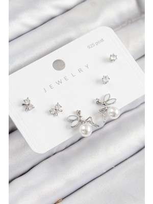 Pirinç Zirkon Taşlı Inci Melek Gümüş Renk 925 Ayar Gümüş Çivi Kadın Küpe Set