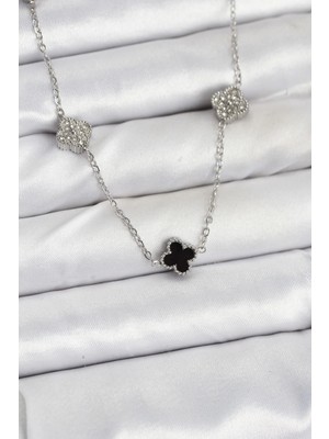 316L Çelik Zincir Gümüş Renk Siyah ve Zirkon Taşlı Baby Boy Yonca Kadın Kolye