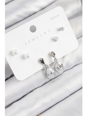 Pirinç Zirkon Taşlı Sallantılı Damla Gümüş Renk 925 Ayar Gümüş Çivi Kadın Küpe Set