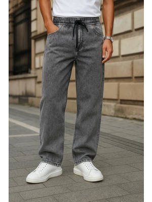 Comstar Erkek Gri Baggy Fit Premium Comfort Denim Pantolon Lastikli Bel ve Bol Paça
