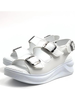 Asmi Shoes Kadın Dimma Beyaz Konfor Ortopedik Taban Tokalı Sandalet