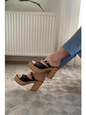 Asmi Shoes Kadın Tena Mantar Taban Platform Topuklu Terlik 10 cm  SND456  Siyah