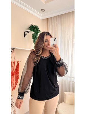 Etiler Collection Kadın Uzun Kollu Bisiklet Yaka Taşlı Kol Tül Detaylı Sandy Bluz